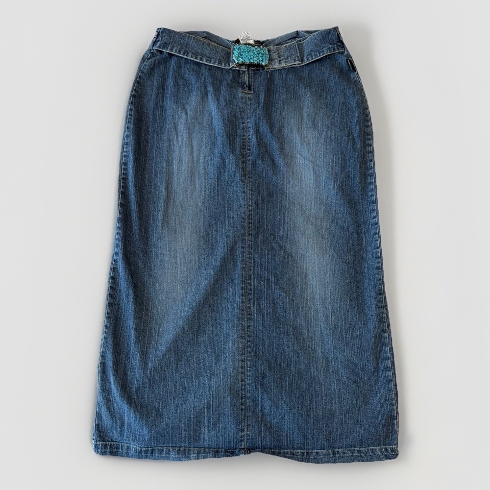 VTG Deja Blue Women Maxi Denim Skirt (16) Turquoise Belt Buckle Y2K Boho Country
